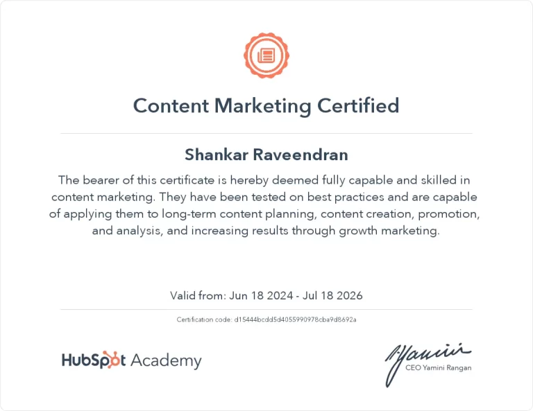 Content Marketing Certificate of Shankar Raveendran